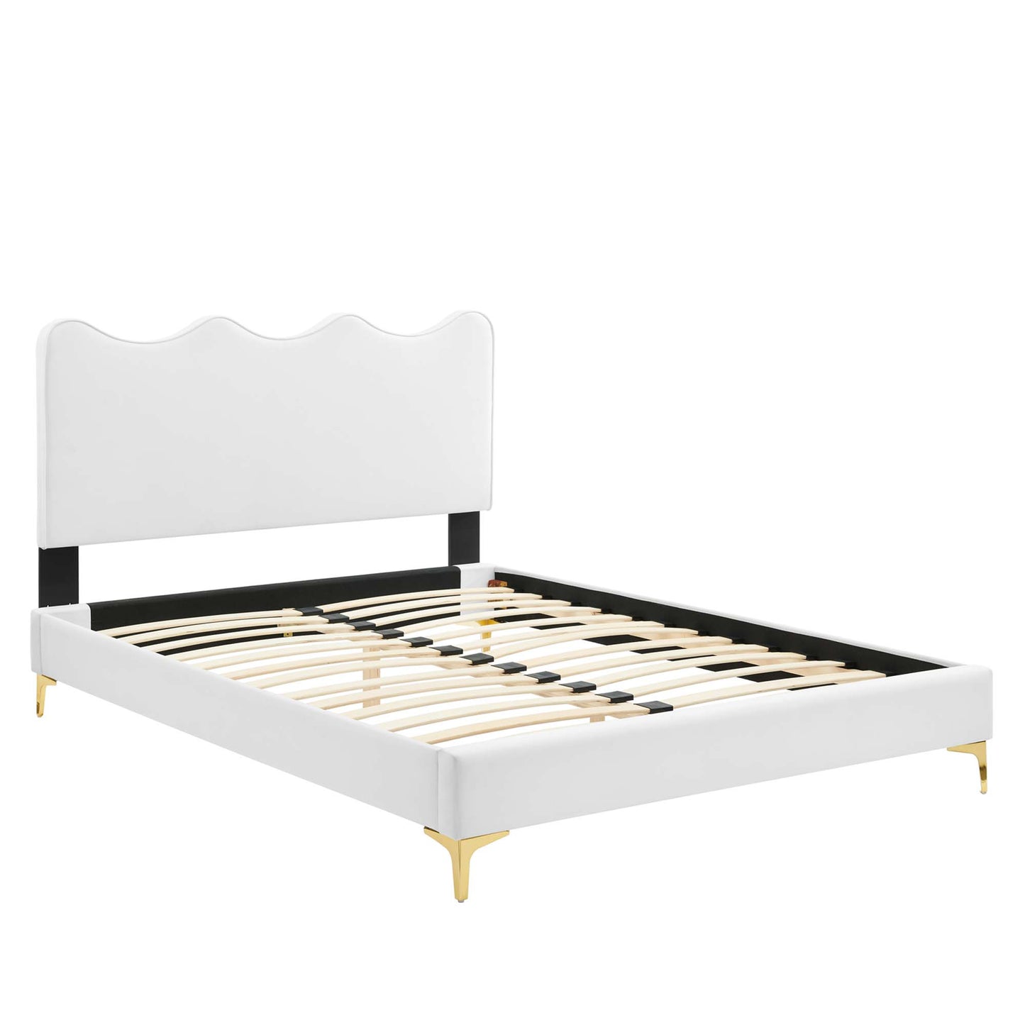 White upholstered platform bed with curved headboard, black rails, wooden slats, and gold legs.