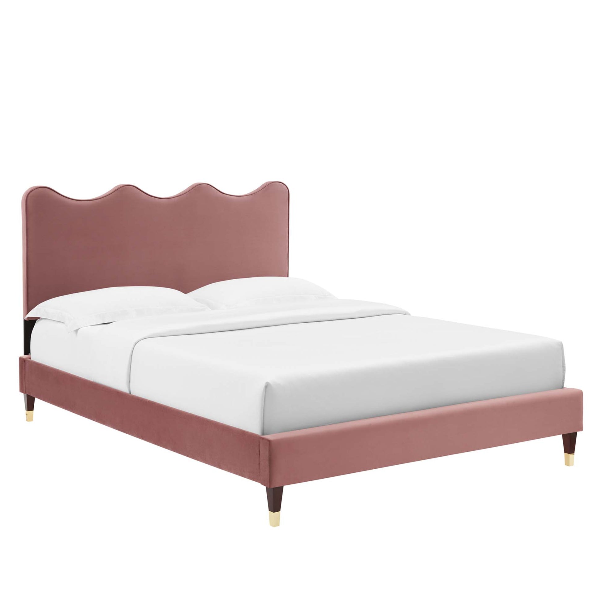 Red velvet queen platform bed with scalloped wavy headboard, gold-tipped legs, and white bedding.