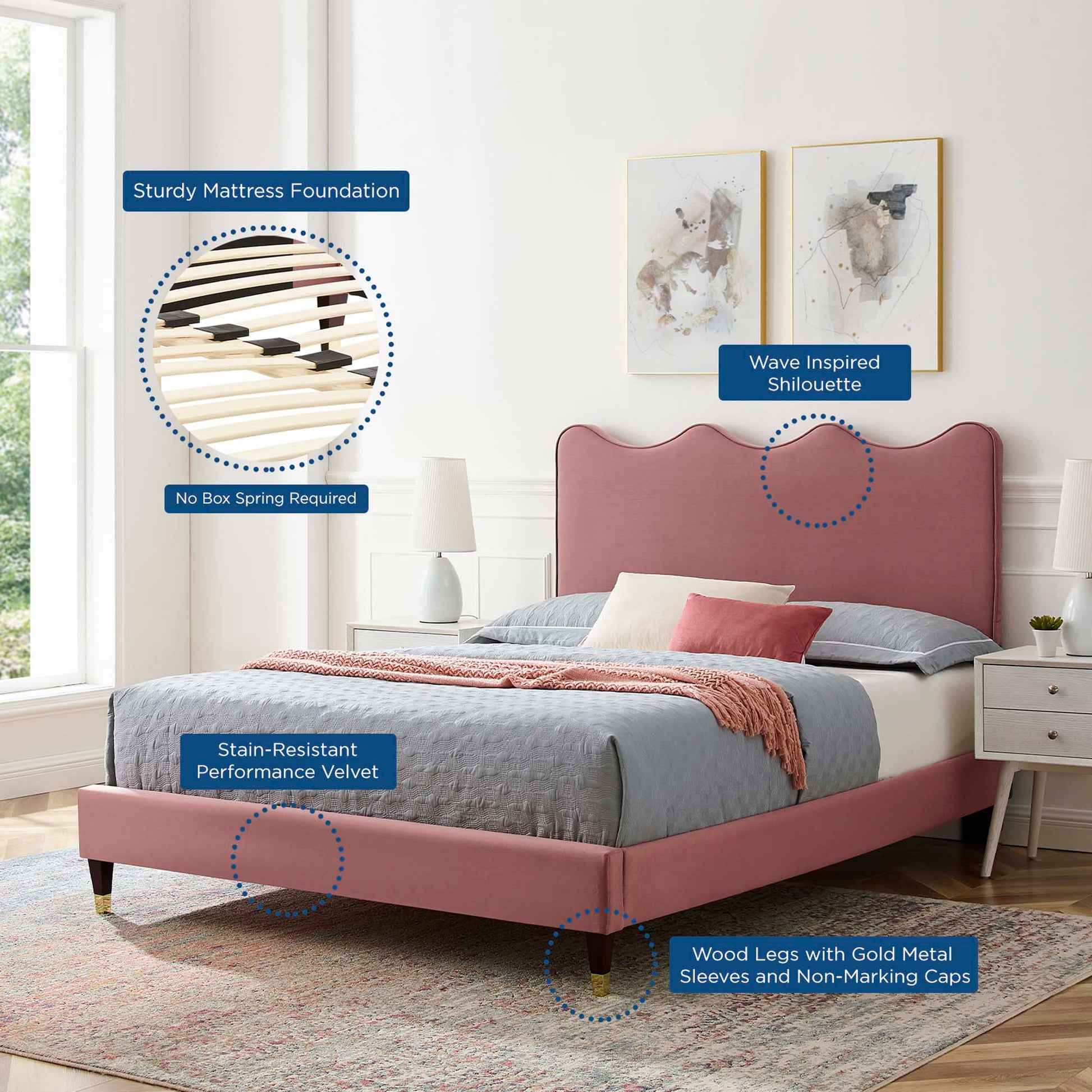 Red velvet upholstered queen platform bed with a wave-inspired curved headboard, gray bedding, and white nightstands.
