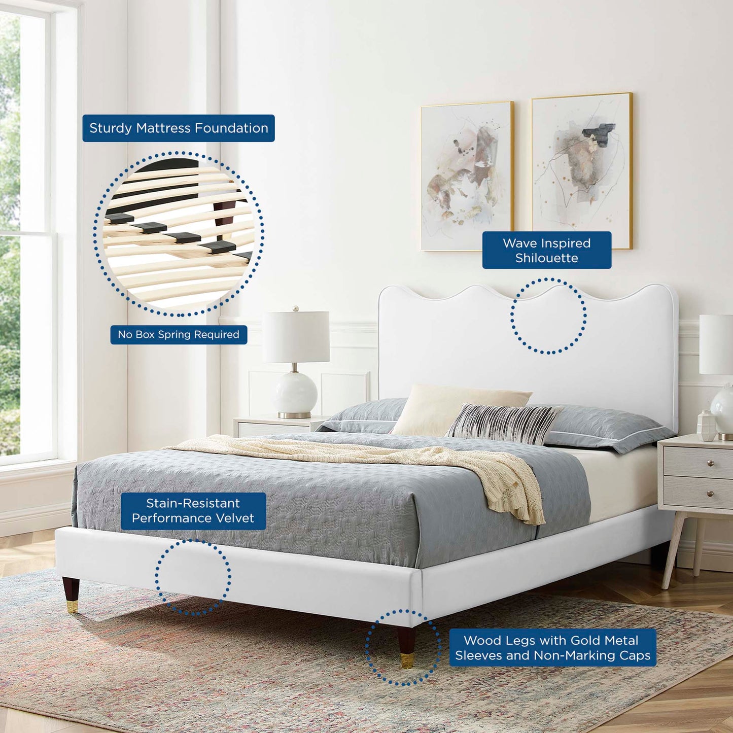 White upholstered platform bed with wave-inspired curved headboard, velvet fabric, wooden legs with gold sleeves.