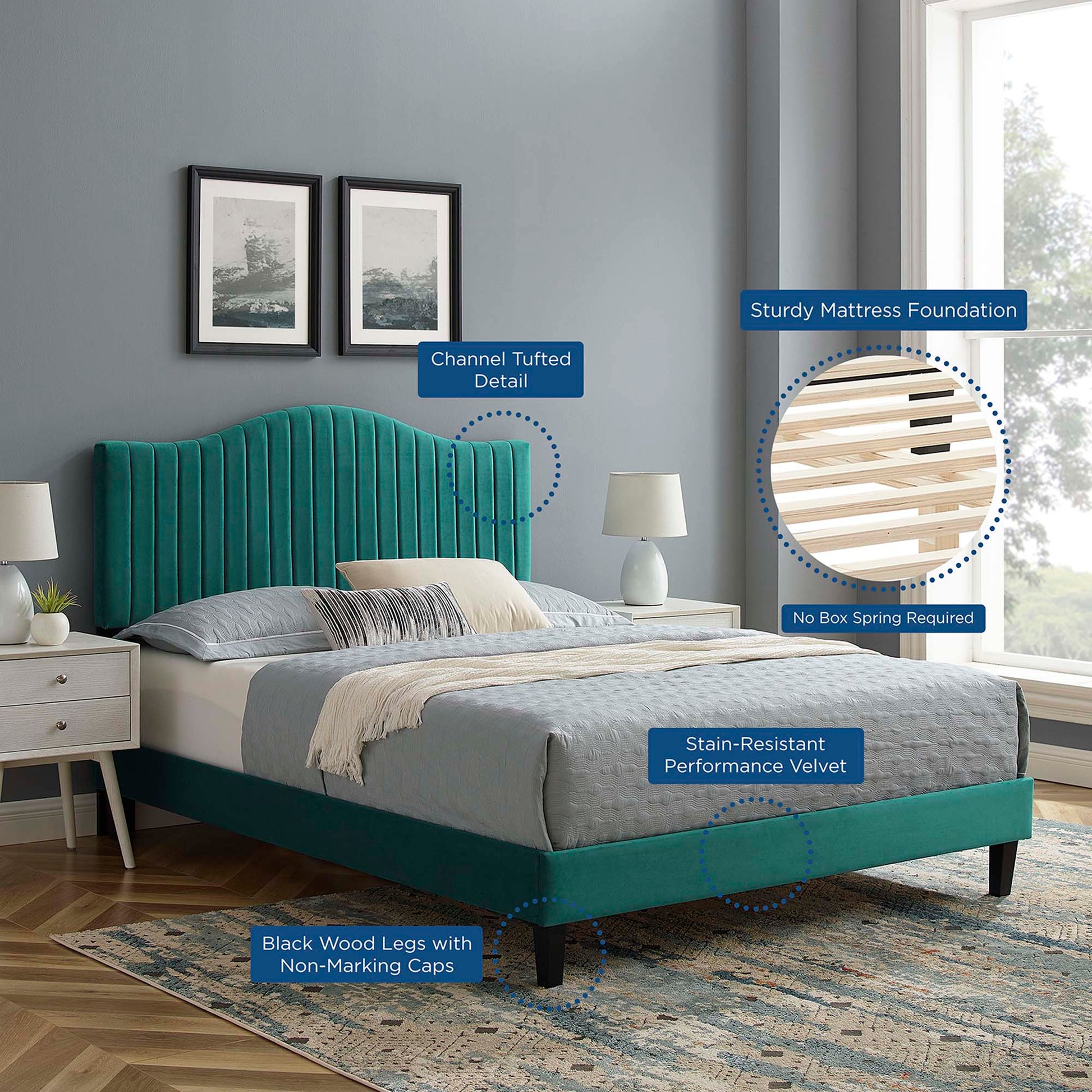 Teal velvet platform bed with channel-tufted headboard, black wood legs, gray bedding, and a patterned rug.