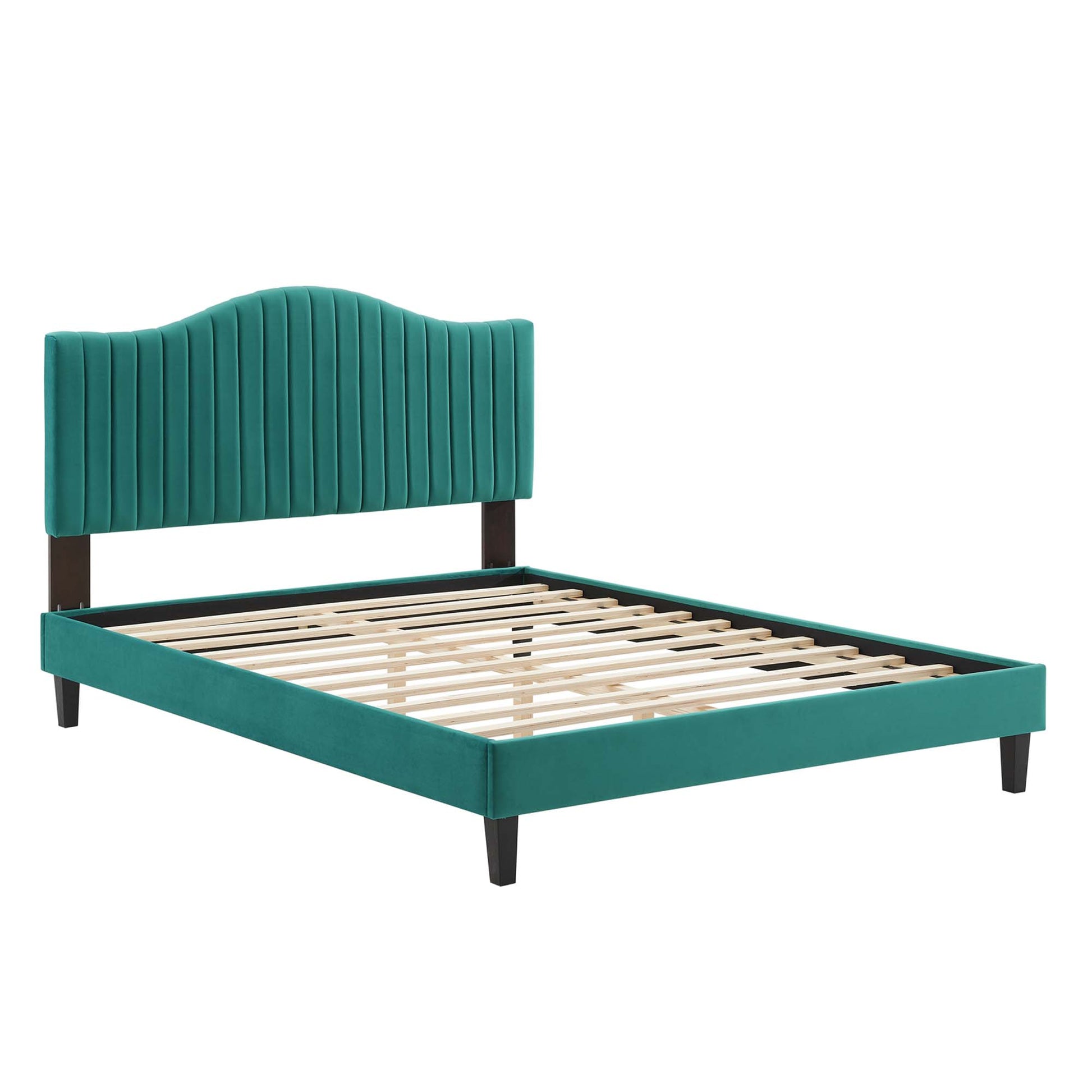 Teal upholstered platform bed with curved, channel-tufted headboard, wooden slat support, dark legs.