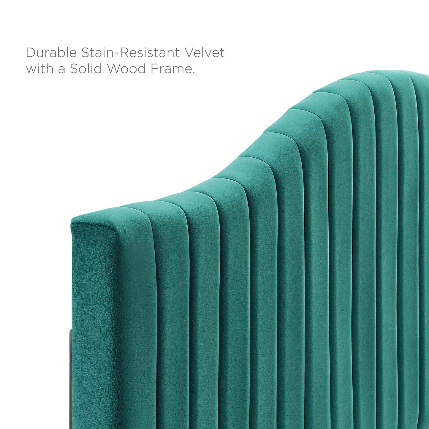 Teal velvet full platform bed with a channel-tufted headboard and solid wood frame.