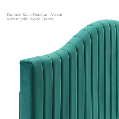 Teal velvet full platform bed with a channel-tufted headboard and solid wood frame.