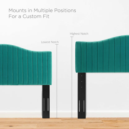 Teal channel-tufted velvet full platform bed with black legs on a wood floor.