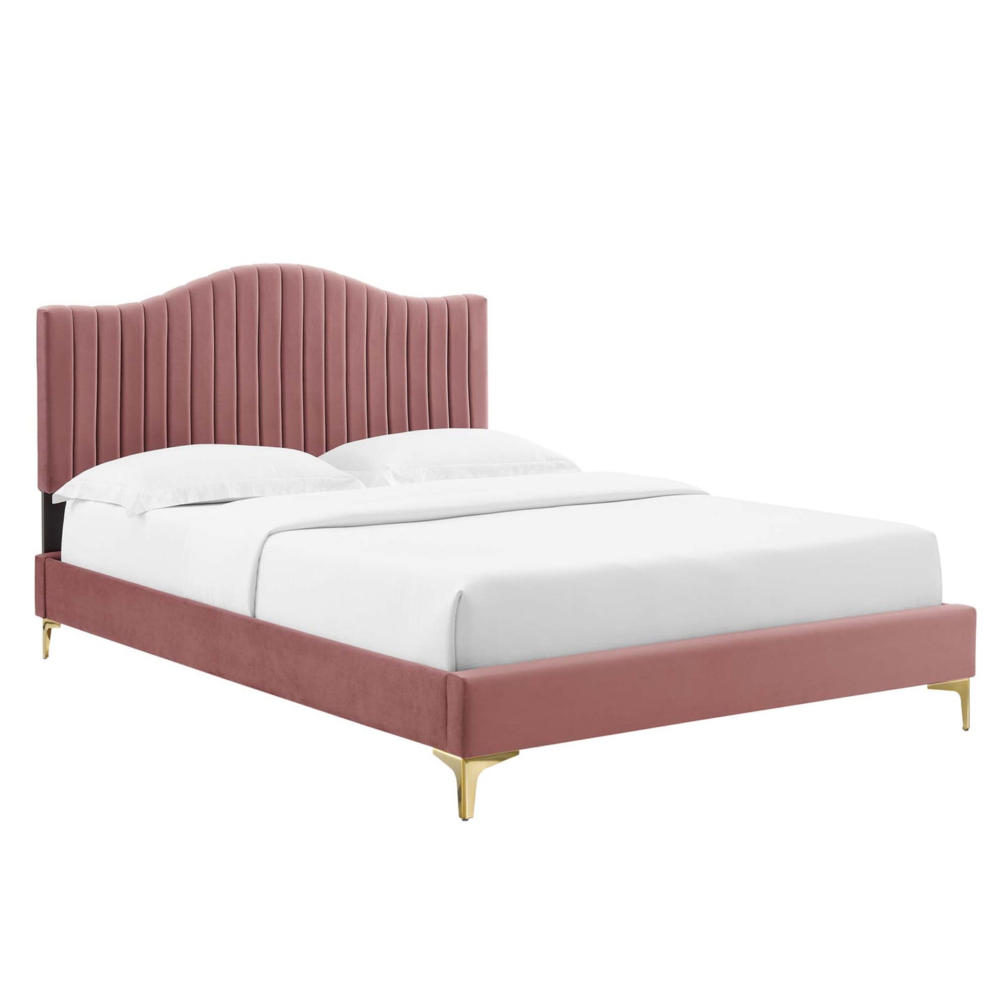 Pink velvet bed with curved, vertical-channel tufted headboard, low frame and gold metal legs.