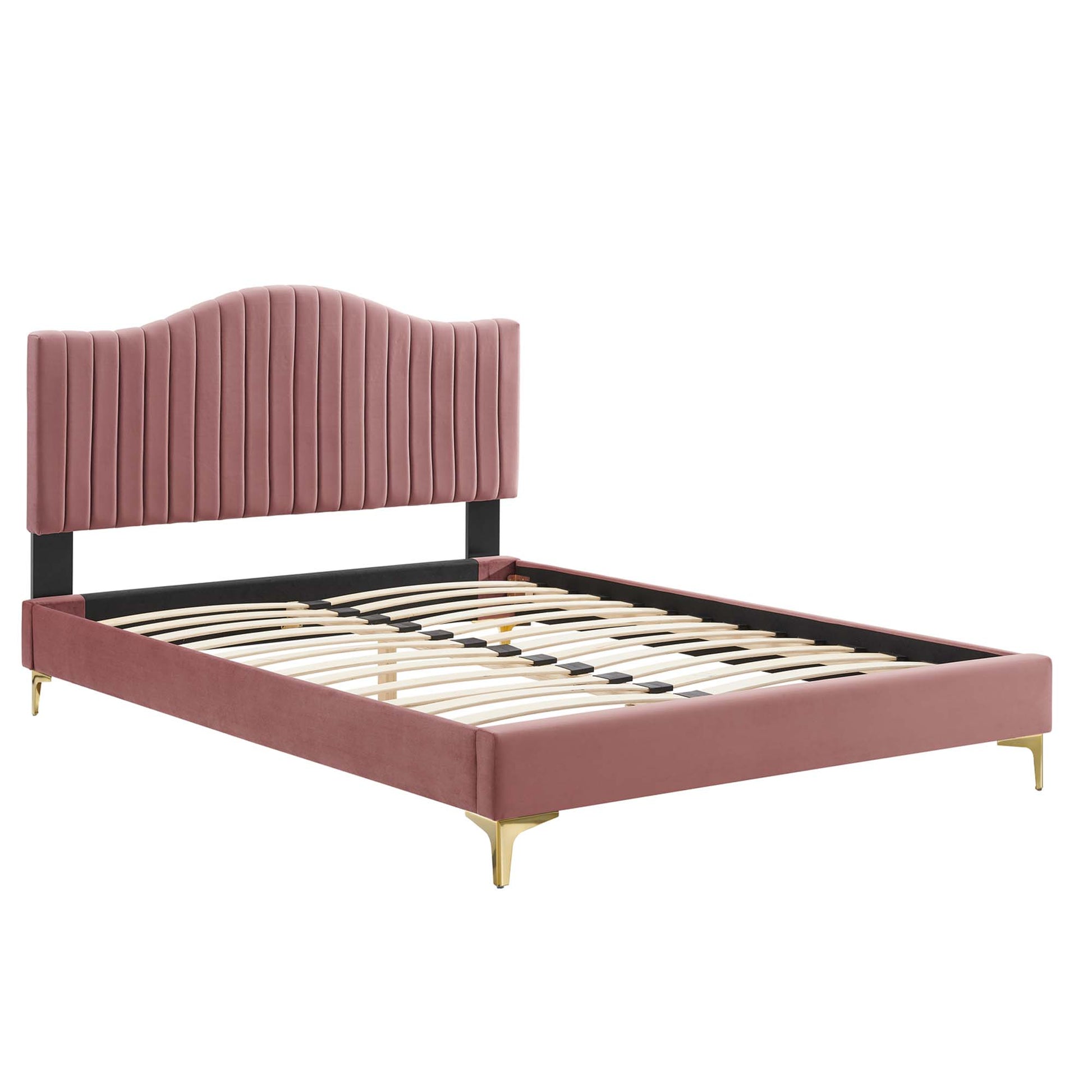Dusty-rose channel-tufted performance velvet king platform bed with black rails, gold tapered legs, & a wooden slat base.