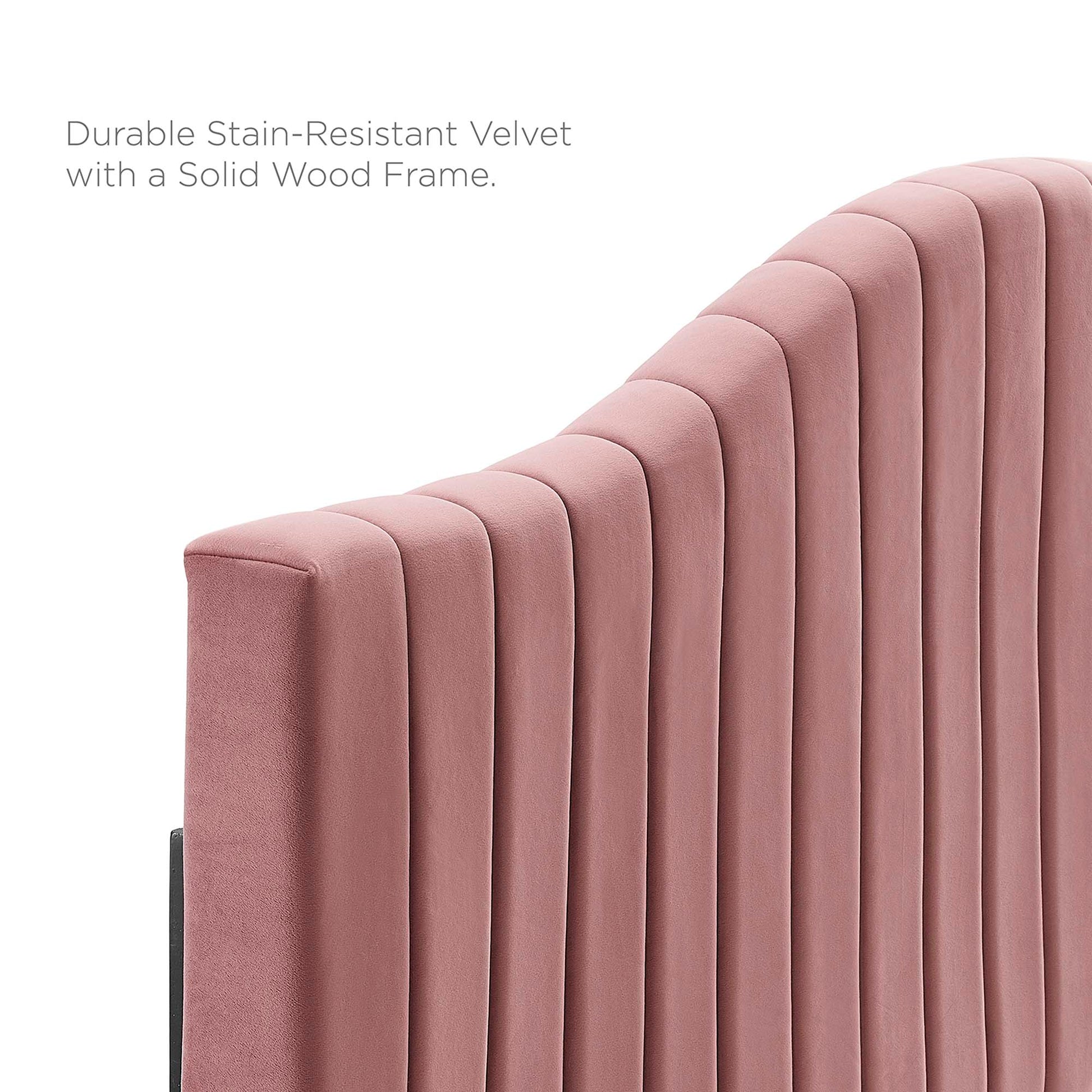 Dusty rose king platform bed with channel-tufted headboard in performance velvet upholstery and a solid wood frame.