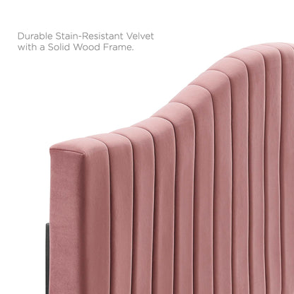 Dusty rose king platform bed with channel-tufted headboard in performance velvet upholstery and a solid wood frame.