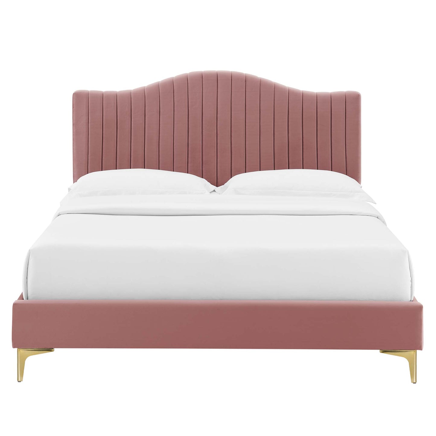 Pink velvet bed with vertical channel-tufted curved headboard, low footboard and gold legs, white bedding.