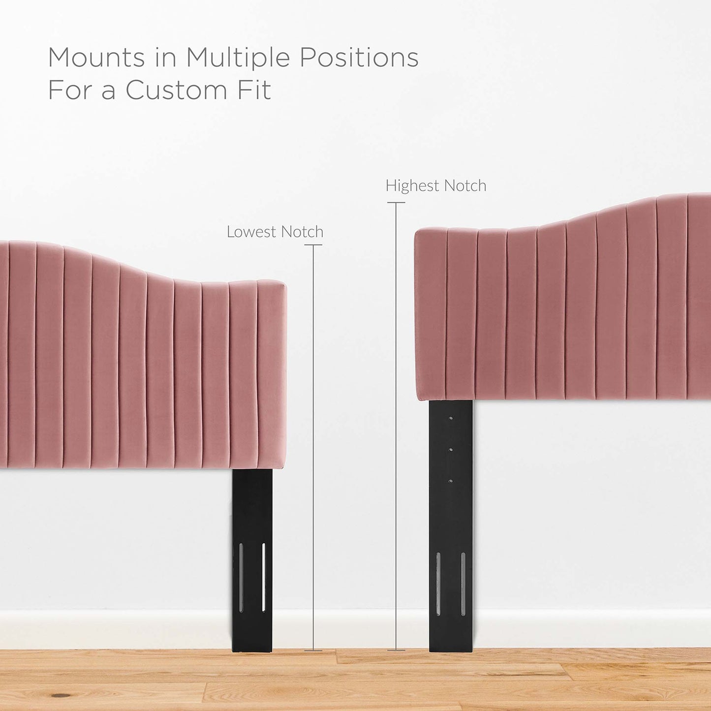 Two dusty rose channel-tufted panels with vertical stitching on black metal legs; adjustable mounts with notch positions for a king platform bed.
