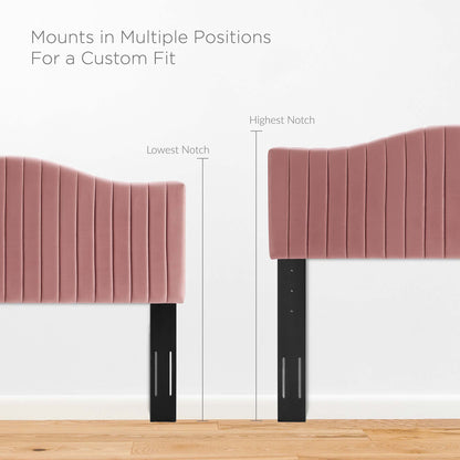 Two dusty rose channel-tufted panels with vertical stitching on black metal legs; adjustable mounts with notch positions for a king platform bed.