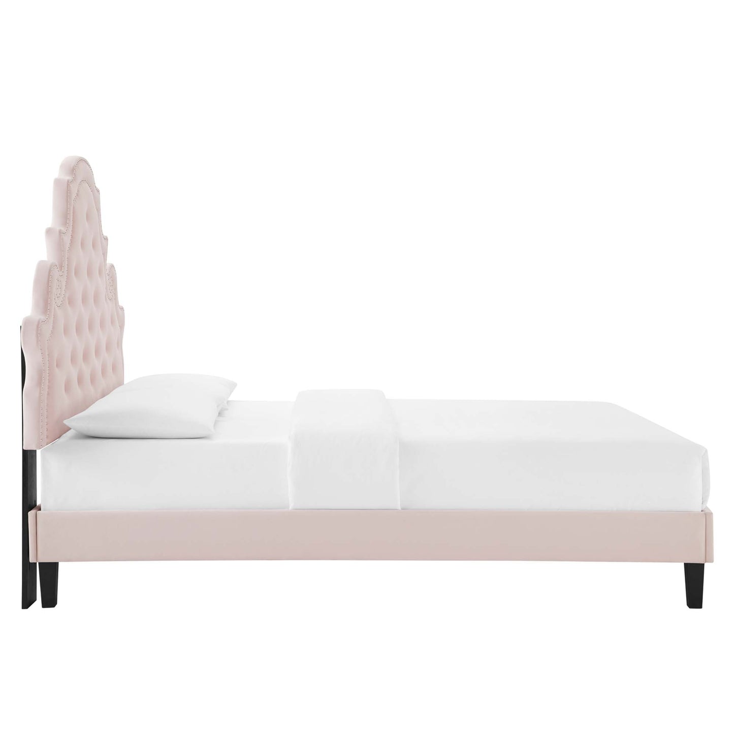 Blush pink velvet platform bed with tufted tall scalloped headboard, white mattress and pillow, black legs.