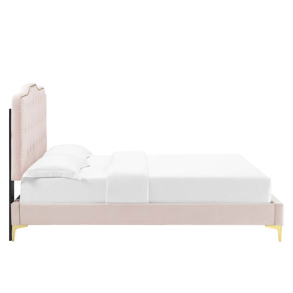 Blush pink upholstered platform bed with tufted tall headboard and gold-tipped legs, dressed in white bedding.