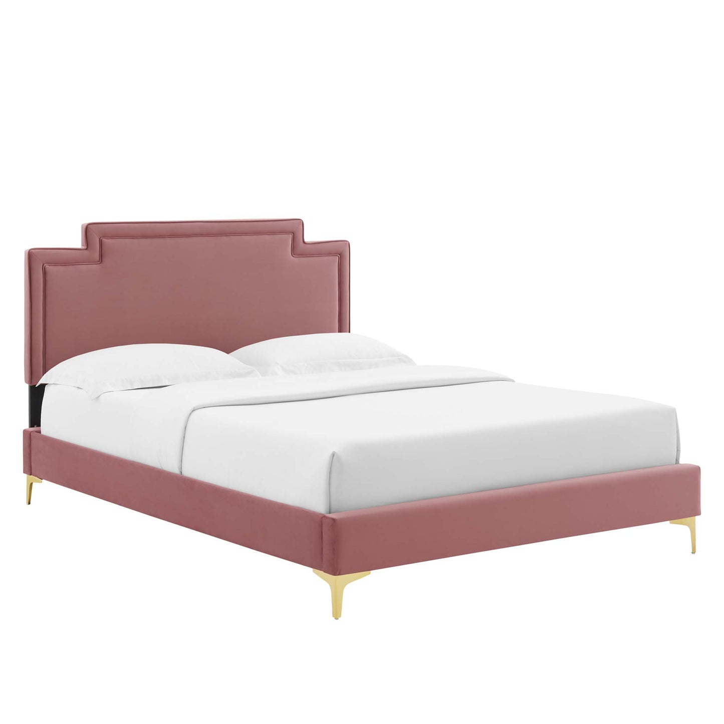 Dusty rose velvet upholstered bed with stepped headboard, low-profile frame and gold legs, white linens.