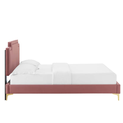 Dusty rose upholstered platform bed with tall paneled headboard, gold feet, white bedding.