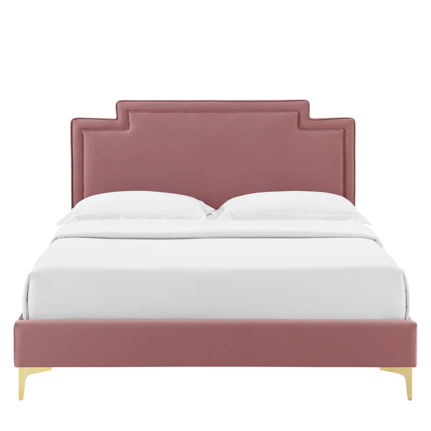 Dusty-rose velvet upholstered bed with stepped panel headboard, low footboard, & gold legs, dressed in white bedding.