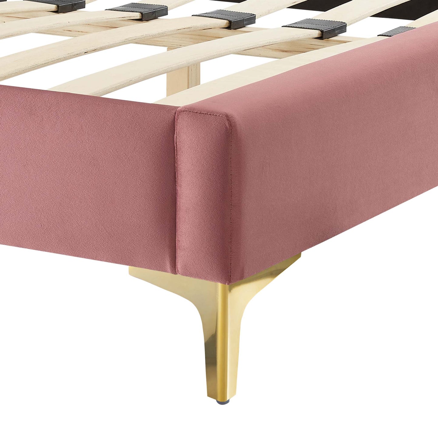 Dusty rose velvet king bed with light wood slats and gold metal legs.