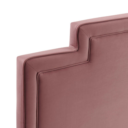 Dusty-rose velvet king bed with clean piping and a modern square silhouette.