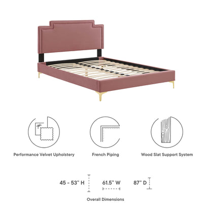 Dusty-rose velvet upholstered king bed with geometric headboard, gold legs, and wood slat support.