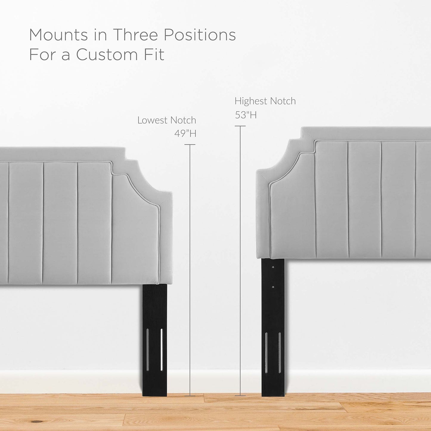 Gray upholstered bed end panels with black adjustable legs; mounts in three positions, heights 49-53 inches.