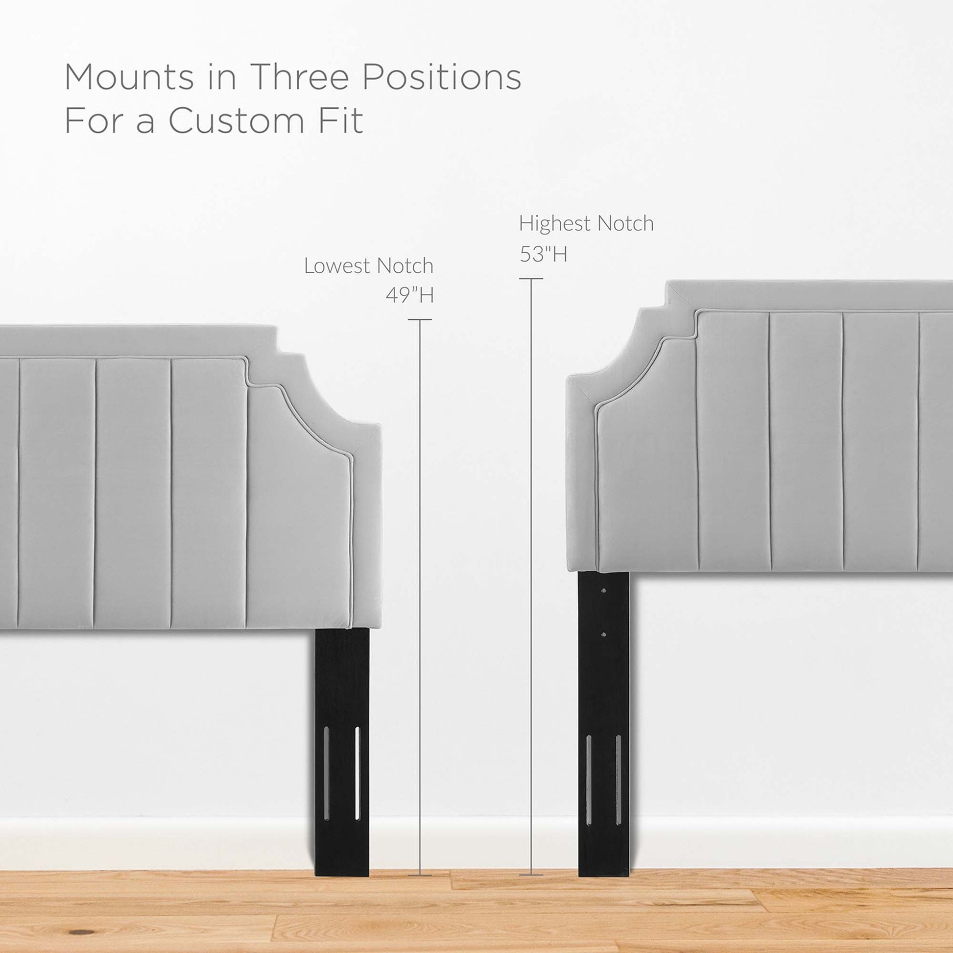 Gray upholstered bed end panels with black adjustable legs; mounts in three positions, heights 49-53 inches.