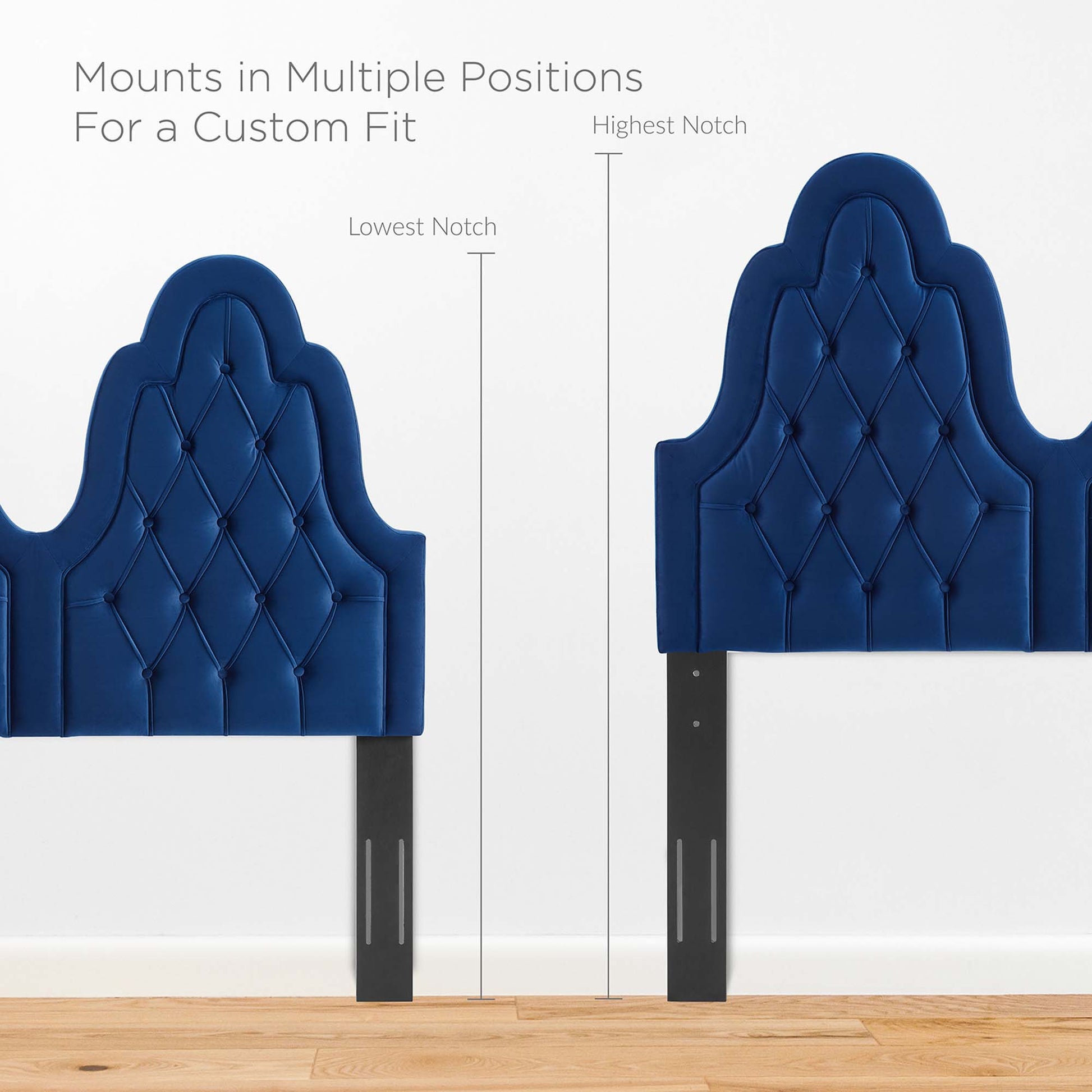 Navy tufted velvet twin platform bed with an arched crown headboard, diamond tufting, and black metal legs.