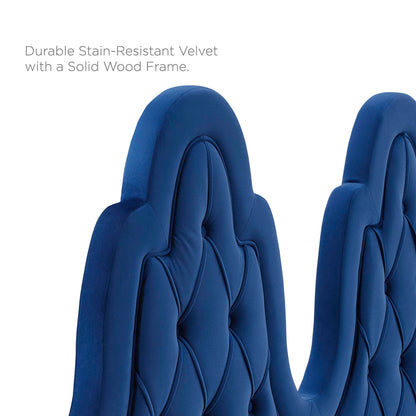 Navy tufted performance velvet twin platform bed with a padded headboard
