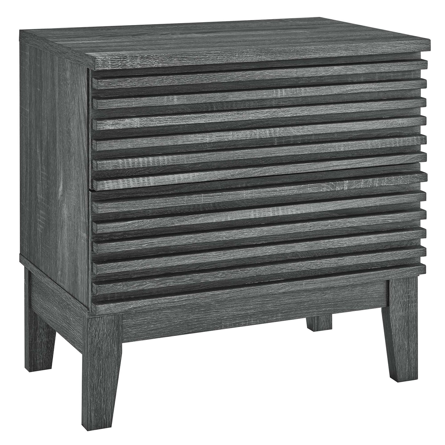 Charcoal gray two-drawer nightstand with a slatted front, square top, and four straight legs.