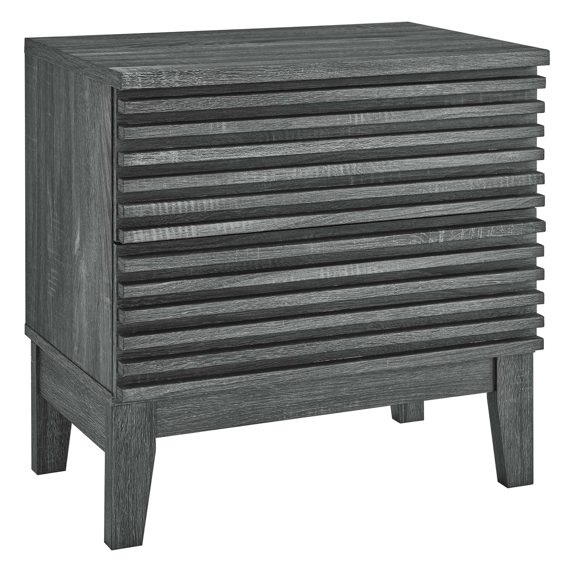 Charcoal gray two-drawer nightstand with a slatted front, square top, and four straight legs.