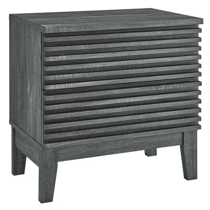 Charcoal gray two-drawer nightstand with a slatted front, square top, and four straight legs.