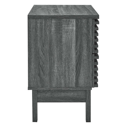 Black wood nightstand with flat top, two drawers, square cabinet body, and slatted right side.