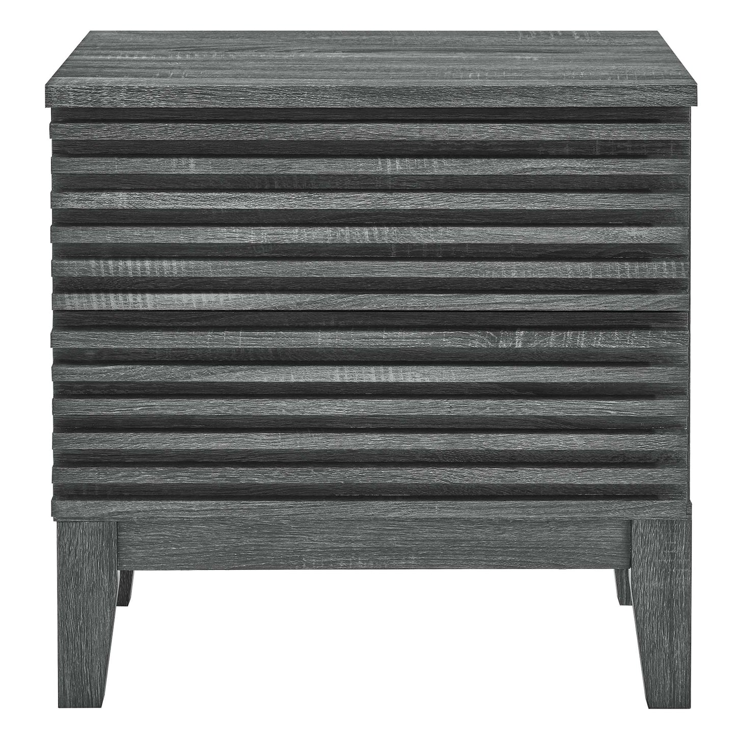 Charcoal gray wood nightstand with horizontal slatted drawer front and sturdy block legs, modern rustic style.