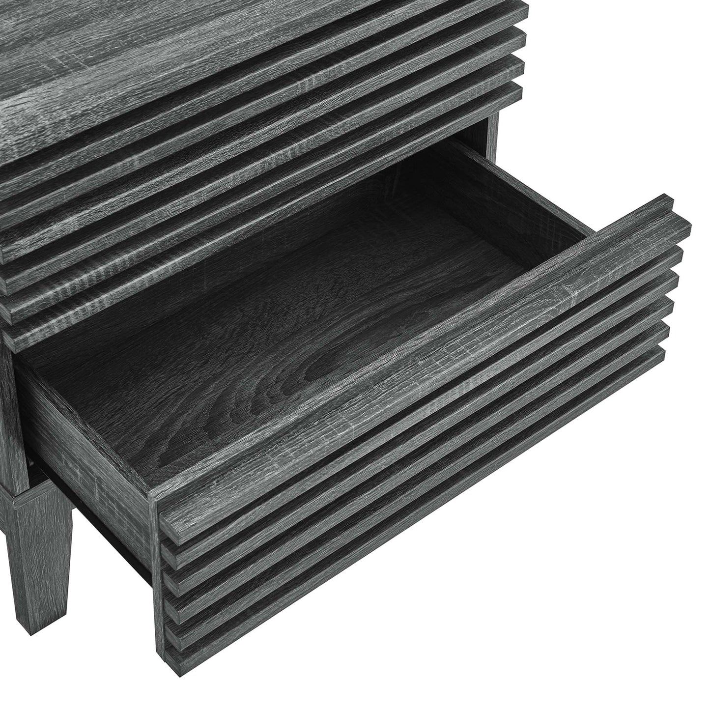 Black two-drawer nightstand with ribbed, grooved fronts; lower drawer open reveals wood grain interior.