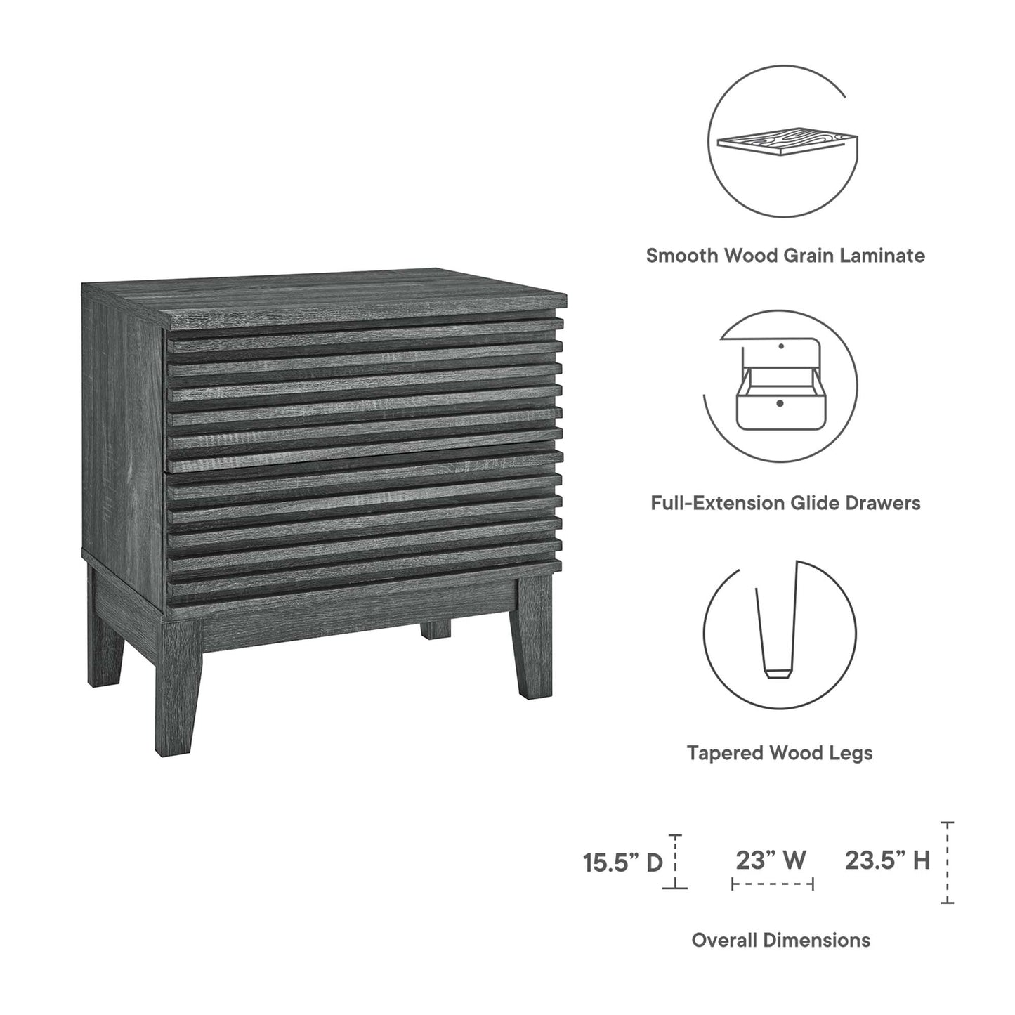 Dark charcoal wood-grain laminate two-drawer nightstand with slat-front panels, tapered legs and full-extension glide drawers.