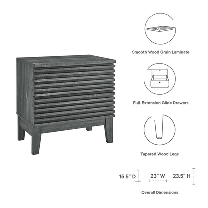Dark charcoal wood-grain laminate two-drawer nightstand with slat-front panels, tapered legs and full-extension glide drawers.