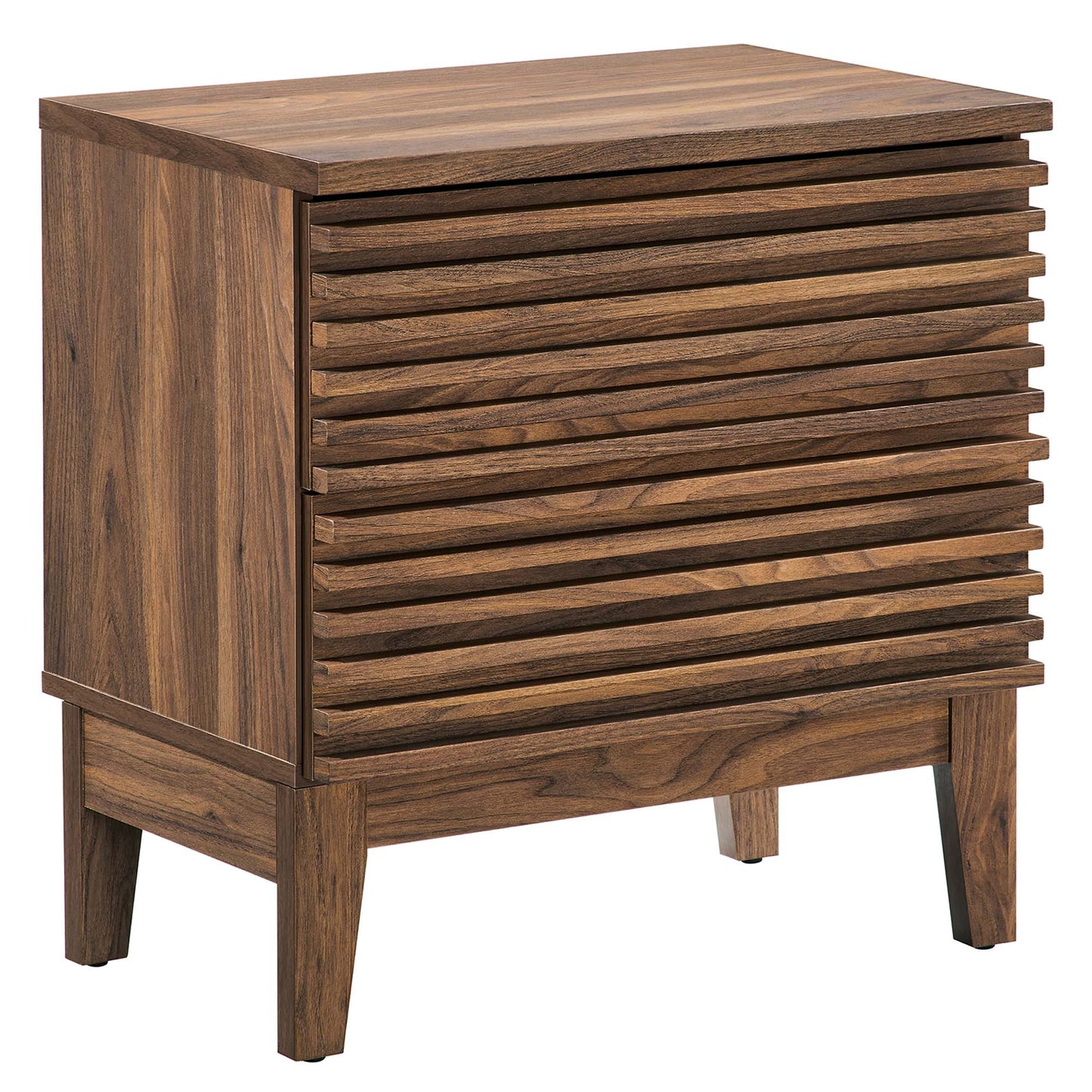 Walnut-finish mid-century modern two-drawer nightstand with four tapered legs.