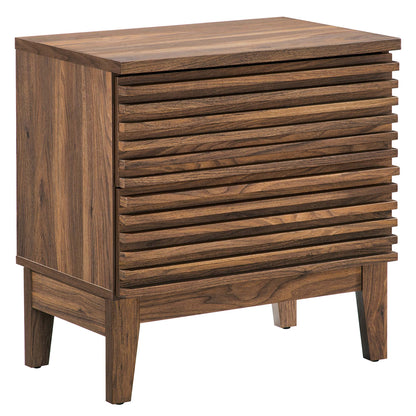 Walnut-finish mid-century modern two-drawer nightstand with four tapered legs.