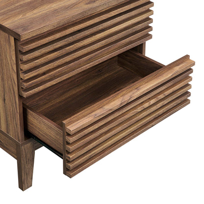 Walnut-finish two-drawer nightstand with grooved slatted fronts and tapered legs; bottom drawer pulled out to reveal interior.