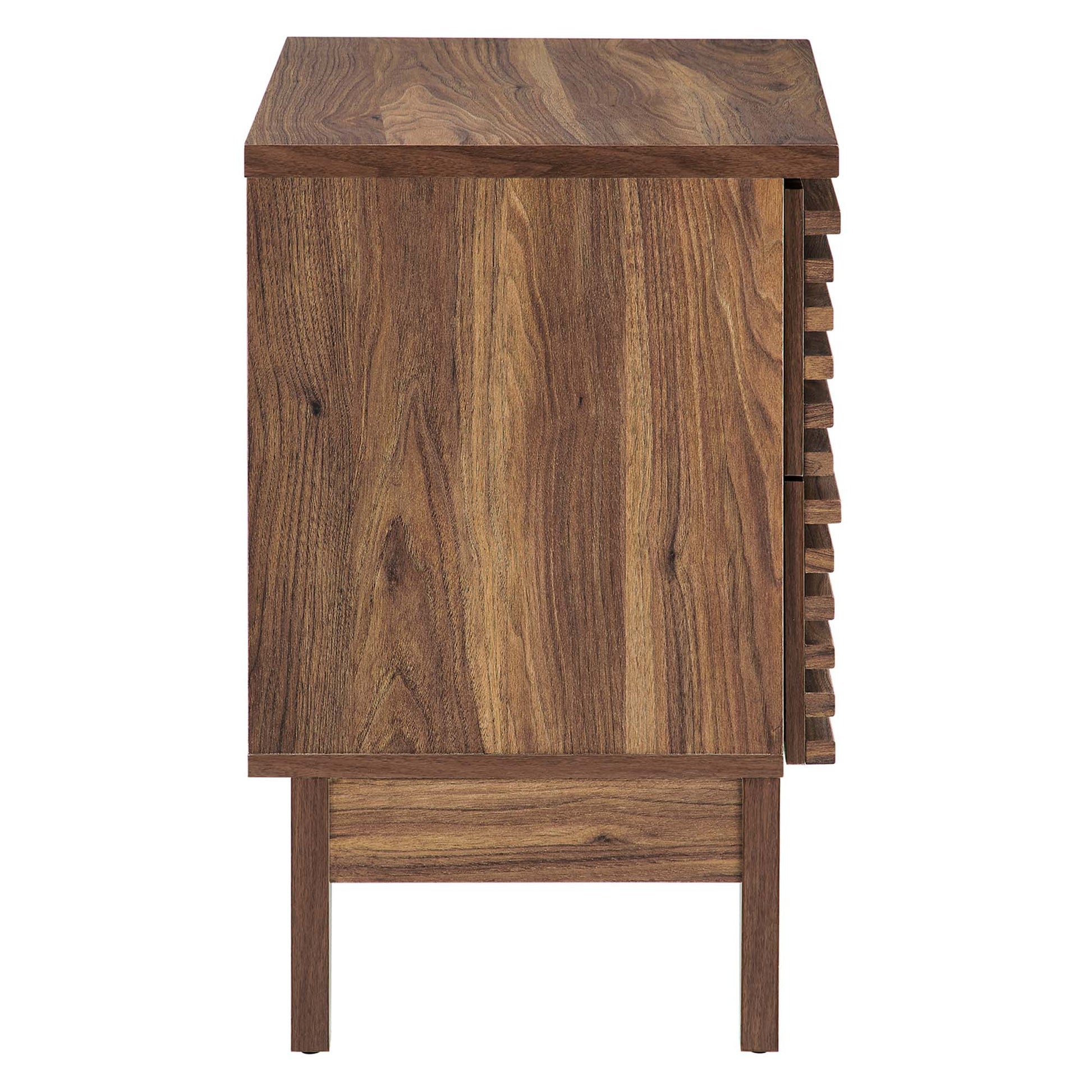 Walnut-finish two-drawer nightstand with slim legs.
