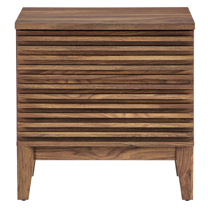 Walnut nightstand with horizontal slat-front panel, rectangular top, raised legs, mid-century modern bedside storage.