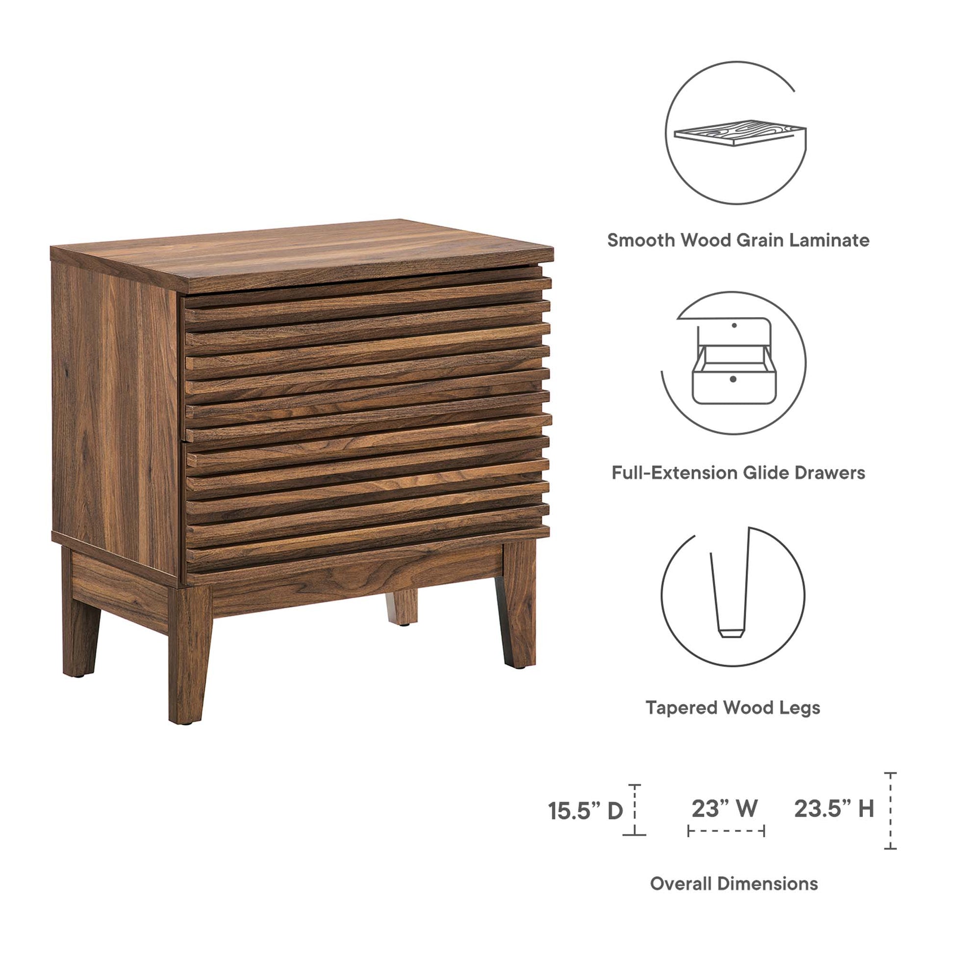 Walnut finish two-drawer nightstand with slatted front, smooth wood grain laminate, full-extension drawers, tapered legs.