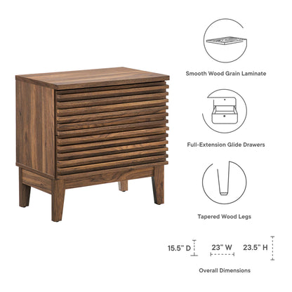 Walnut finish two-drawer nightstand with slatted front, smooth wood grain laminate, full-extension drawers, tapered legs.