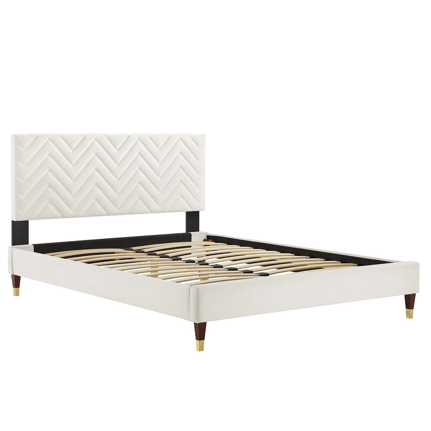 White upholstered bed frame with chevron headboard, black metal supports, wooden slats, mid-century modern style.
