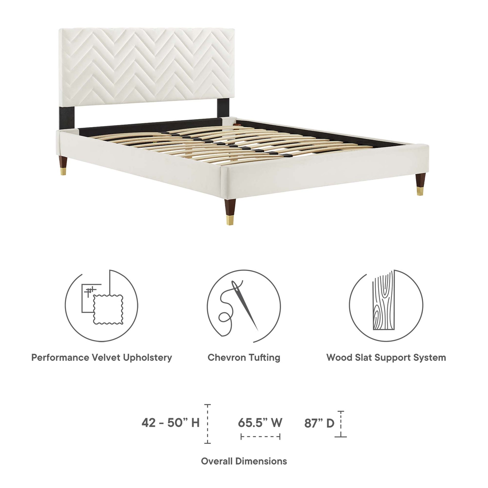 White velvet upholstered platform bed with chevron-tufted headboard, black accents, wood slat support, brass-tipped legs.
