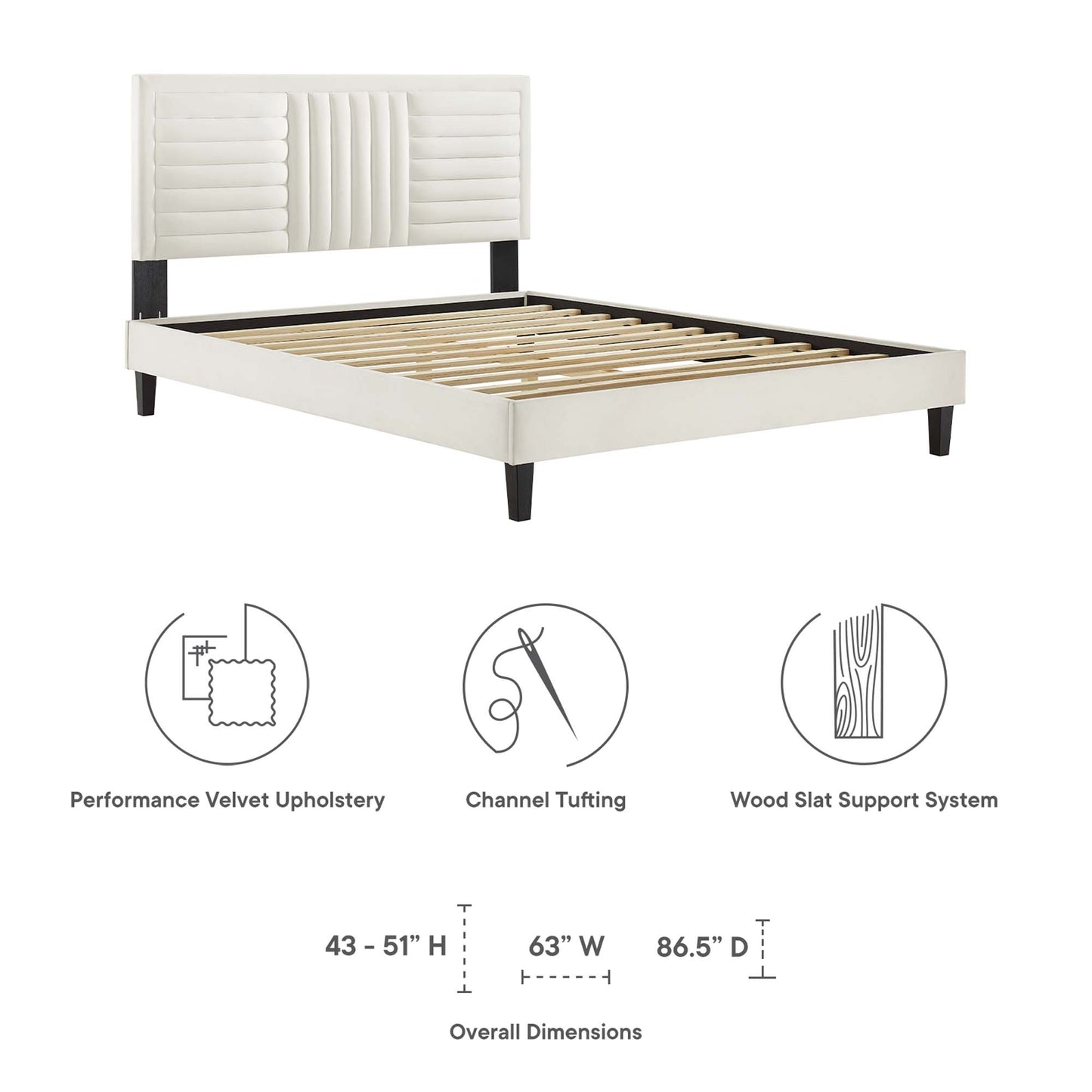 White performance velvet upholstered bed with channel-tufted headboard, black legs, wood slat support, modern platform style.