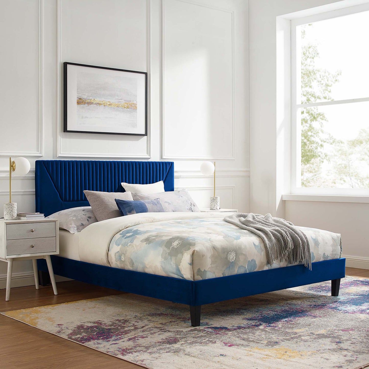 Modway Outlet Yasmine Channel Tufted Performance Velvet Queen Platform Bed by Modway  Bedroom Furniture Navy - MOD-6976-NAV