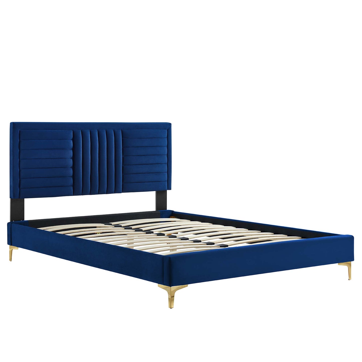 Navy blue velvet platform bed with tall channel-tufted headboard, black metal supports, gold legs, and slatted base.