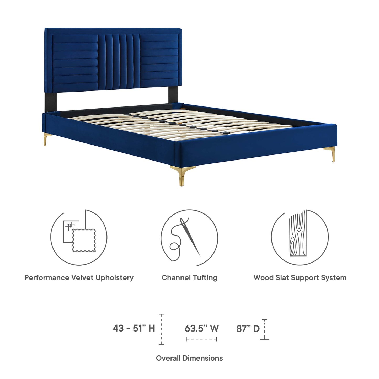 Navy blue velvet upholstered platform bed with tall ribbed tufted headboard and gold tapered legs.