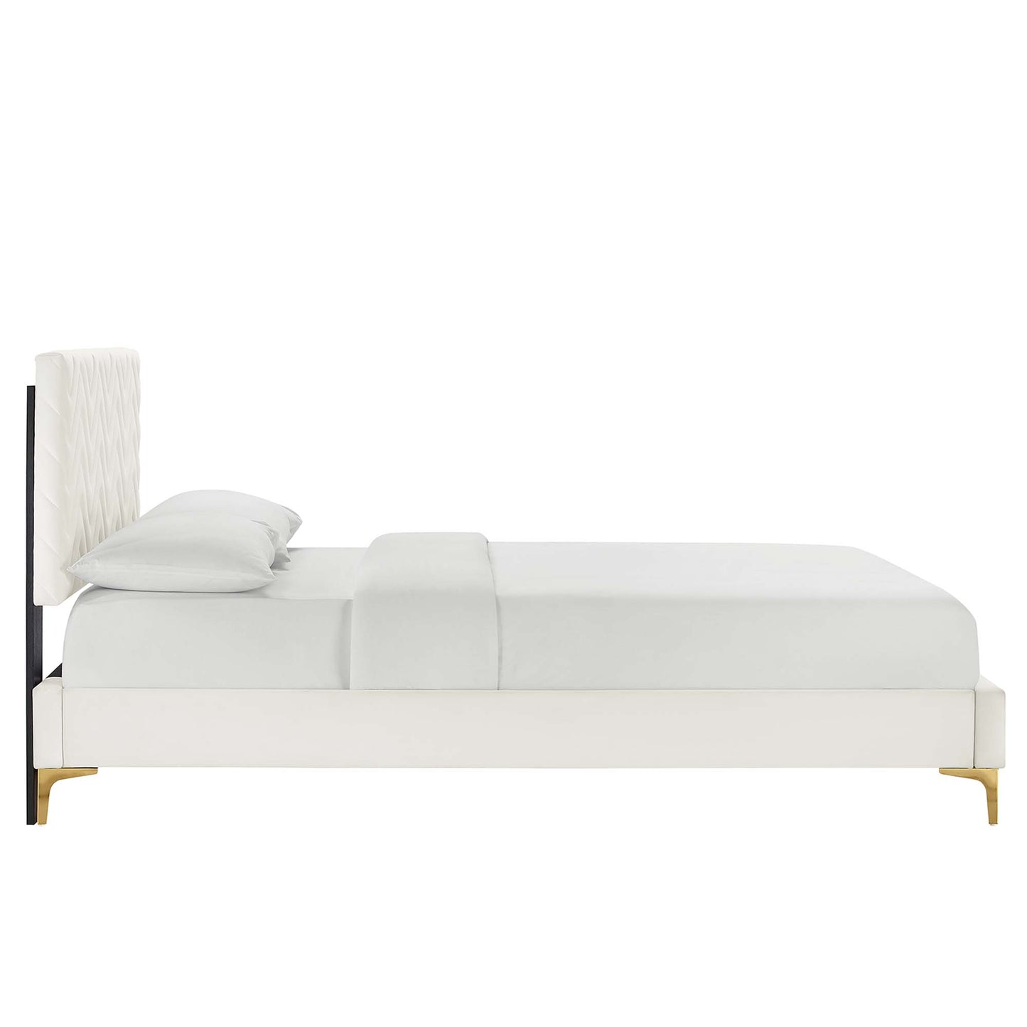 White upholstered platform bed with tall tufted headboard, gold legs, and a minimalist modern design.